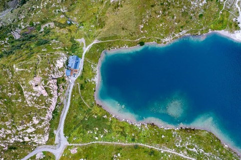 Aerial view, Wolayerseehütte, Carnic Alps, Carnic Alps main ridge, Austria, Europe