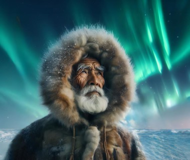 Portrait of an old man of the Eskimo, the indigenous Inuit in fur clothing in the polar night, AI