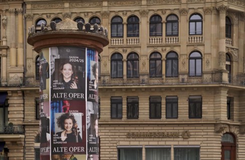 Historic advertising pillar, posters, programme for Alte Oper 2024-2025, Commerzbank, lettering,
