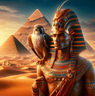 Portrait of an Egyptian pharaoh with a falcon on his shoulder in front of the pyramids, symbolic
