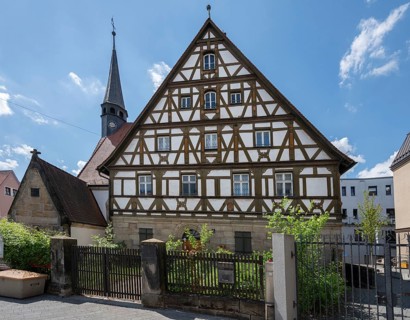 Historic half-timbered house with garden, Forchheim, Upper Franconia, Bavaria, Germany, Europe