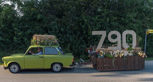 Trabant with festive trailer for the 790th anniversary of the village of Vitense,