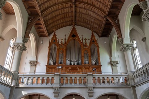 Interior with organ loft of St. Johannis Church, Forchheim, Upper Franconia, Bavaria, Germany,