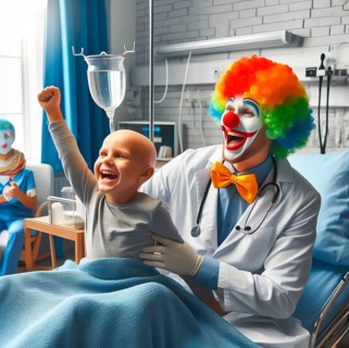 A clown, a hospital clown, in mask, red nose and costume with a sick child in the hospital and