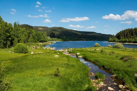 Lake and mountains in summer, Schluchsee, Black Forest, Baden-Württemberg, Germany, Europe