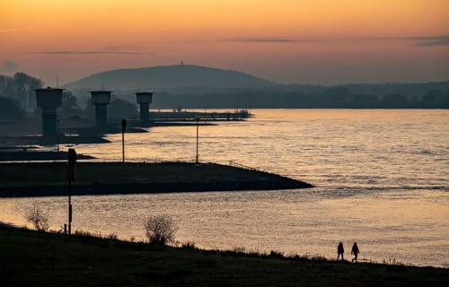 Rhine at Duisburg-Bruckhausen, towers of the water extraction facilities of ThyssenKrupp Steel