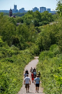Hiking trail on the Zollverein slagheap 4/11, in Gelsenkirchen, with a view of the city centre of