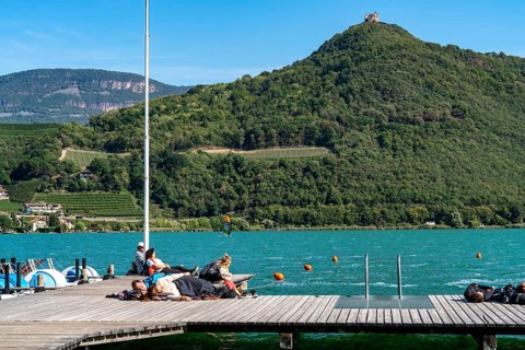 Gretl am See lido on Lake Kaltern, near the village of Kaltern, in the Adige Valley in South Tyrol,