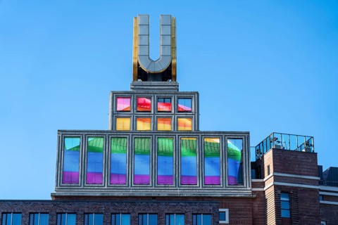 The Dortmunder U, art museum, former brewery, video screens with the rainbow flag, solidarity