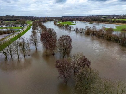 Flood on the Ruhr, near Mülheim, after days of continuous rain, North Rhine-Westphalia, Germany,