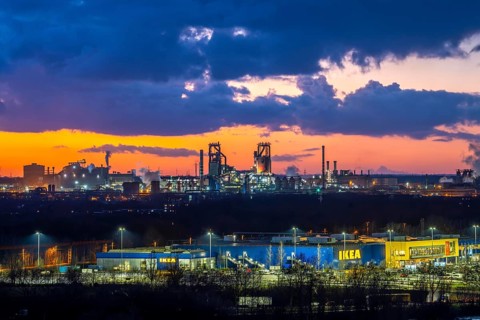 Skyline of the Duisburg steel site, Thyssenkrupp Steel Europe, in Duisburg-Bruckhausen, sunset,