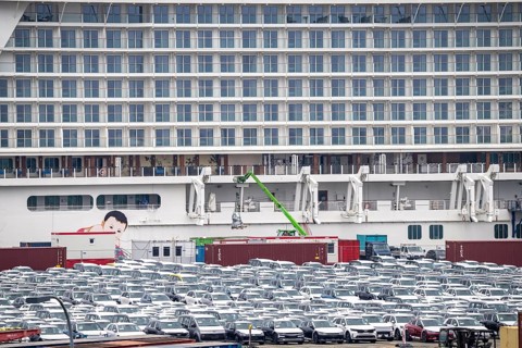 Parking space for import vehicles, hundreds of Hyundai Ioniq, electric cars, waiting for onward