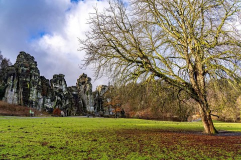 The Externsteine, a sandstone rock formation, in the Teutoburg Forest, near Horn-Bad Meinberg,