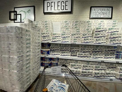 Full shelves of toilet paper in a supermarket in Dorsten, effects of the corona crisis in Germany