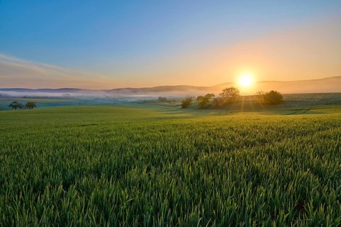 A picturesque sunrise over a wide green field and a gentle hilly landscape, Mönchberg, Mltenberg,