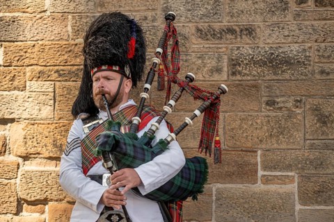 Piper, bagpiper, bagpipe player, bagpipes, bearskin hat, world's largest cultural festival The