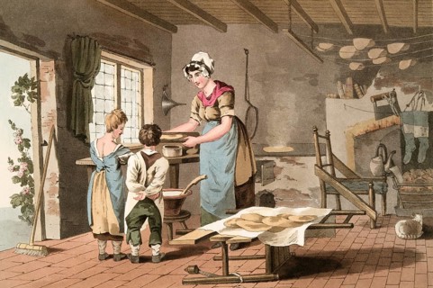Scene from everyday life in England around 1810, woman preparing oat cakes in the kitchen, children