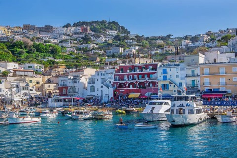 Waterfront at the Marina Grande boat harbour with excursion boats, Capri, Campanian Archipelago,