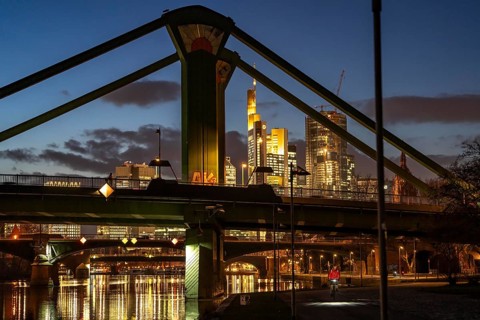 Skyline of the city centre of Frankfurt am Main, raft bridge over the river Main, dusk, Hesse,