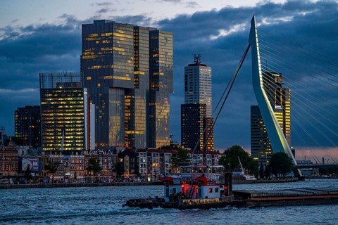 The skyline of Rotterdam, with the Erasmus Bridge over the Nieuwe Maas, skyscrapers in the Kop van