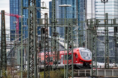 Regional train on the track in front of Frankfurt am Main main station, Skyline, Hesse, Germany,