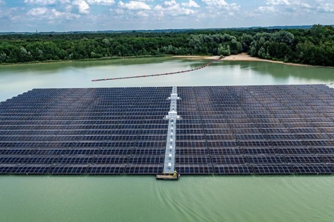 Germany's largest floating solar power plant on the Silbersee III, a quarry pond no longer used for