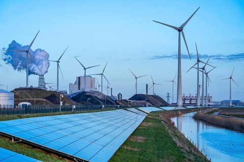 Solar park on the Slaperdijk dyke near the Eemshaven, test project, 17, 000 solar modules were