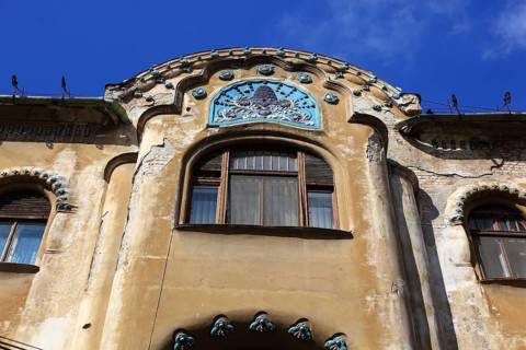 Historic house, ornate façade at the Max Steiner Palace, Romania, Banat, Timisoara, Timisoara,