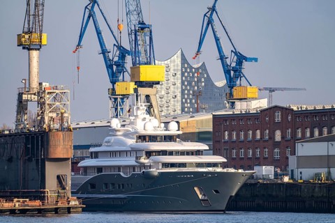 Port of Hamburg, Blohm + Voss shipyard, mega yacht Radiant, being converted and extended, Blohm +