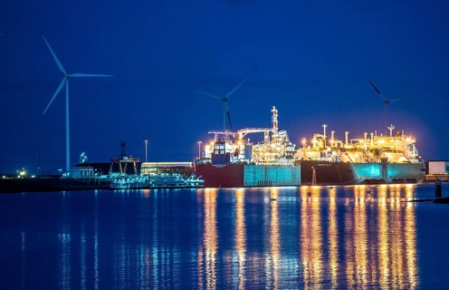 EemsEnergyTerminal, floating LNG terminal in the seaport of Eemshaven, tankers bring liquefied