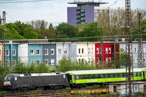 Railway line in Oberhausen, long-distance traffic, cheap train provider Flixtrain, at the exit of