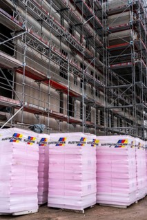 New construction, shell construction, thermal insulation, material waiting to be installed on the