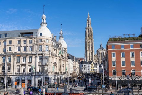 Old town, Cathedral of Our Lady, houses on the Suikerrui, Antwerp, Flanders, Belgium, Europe