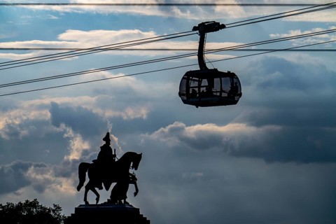 The monument to Kaiser Wilhelm I at the Deutsches Eck, cabin of the Koblenz cable car to