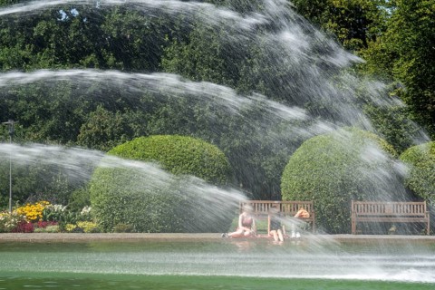 The Grugapark, main entrance, five-jet water fountain, Essen, North Rhine-Westphalia, Germany,
