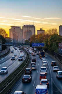 Evening traffic, partly with traffic jams, slow-moving traffic on the A40 motorway, Essen skyline,