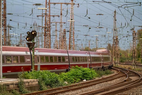 Eurostar train leaving Essen Central Station, North Rhine-Westphalia, Germany, Europe