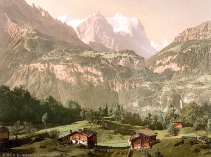 Brunnen und Wetterhorn, Bernese Oberland, Switzerland, Historic, digitally restored reproduction