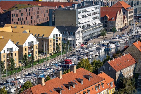 Panoramic view over the city centre of Copenhagen, Christianshavn, sailboats in Wilders Plads