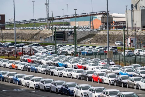 Emden, Cars waiting in the harbour for shipment, VW plant, East Frisia, Lower Saxony