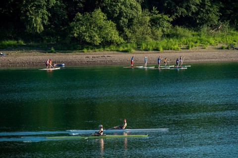 The Hennesee, Hennetalsperre in the Sauerland, bathing bay, Hochsauerlandkreis, near Meschede,