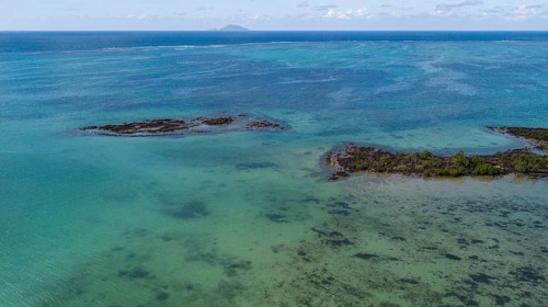 Bird's eye view of aerial view of lagoon at Cap Malheureux, reef edge in the background, Mauritius,