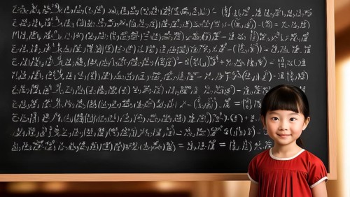 A little girl stands in front of a blackboard with a very long formula, symbolic image knowledge,
