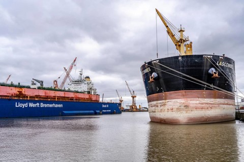 Lloyd Werft, dry dock, freighter Atlantic Journey, shipyard in the overseas harbour of Bremerhaven,
