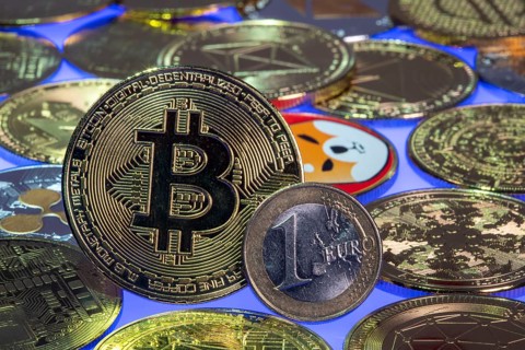 Bitcoin, cryptocurrency, symbol coin, optical placeholder for the digital currency, euro coin