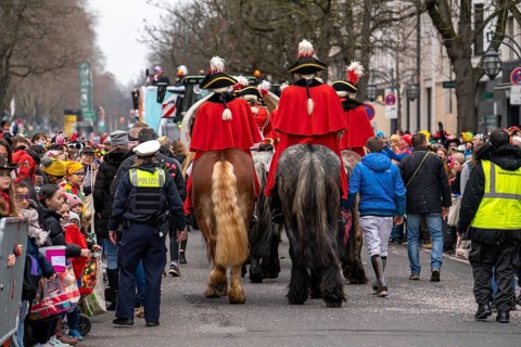 Rose Monday parade in Düsseldorf, horses, mounted groups at the street carnival, North