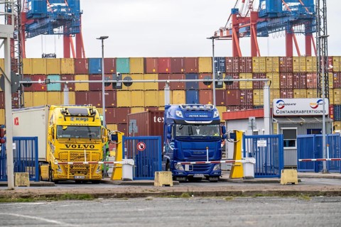 Entry and exit for container lorries, to the MSC container terminal in the seaport of Bremerhaven,