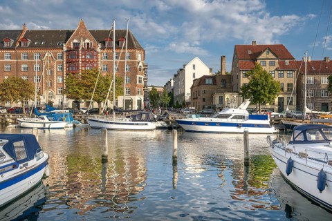 Sailboats and historic buildings, Christianshavn Canal, Copenhagen, Denmark, Europe