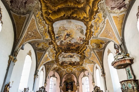 Interior view, St Michael's parish church, Piesport, Moselle, Rhineland-Palatinate, Germany, Europe