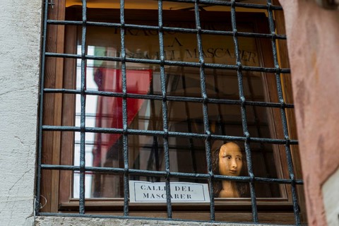 Doll's head looking out of the window, Bust, Woman, Head, View, Abstract, Art, Venice, Italy,